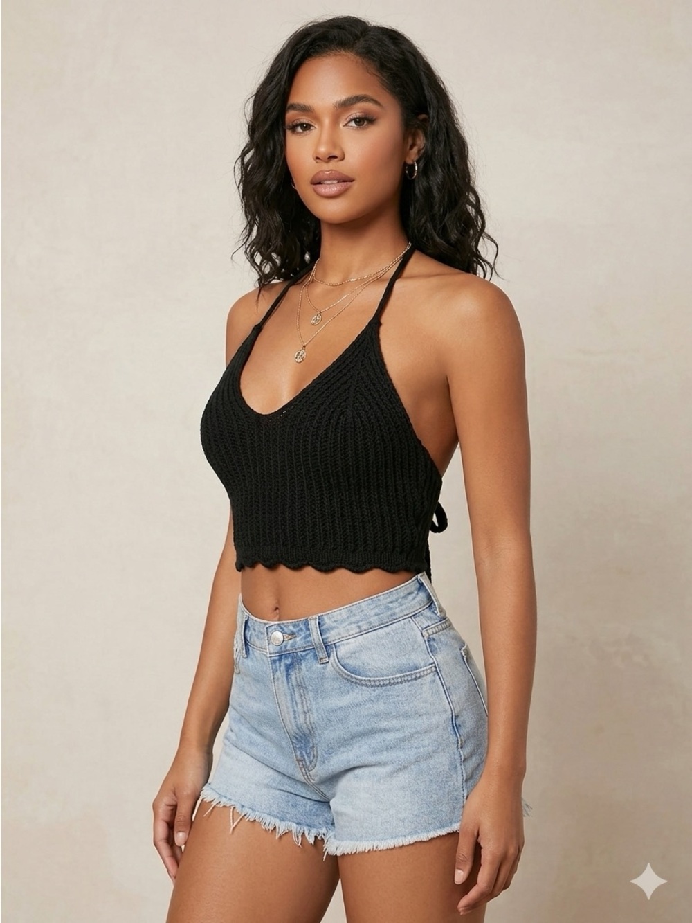 Fashion Nova Tessa Crochet V-Neck Crop Top Black Size S